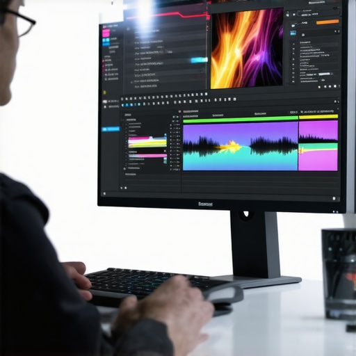 Content creator using AI-powered editing software on a monitor for efficient post production