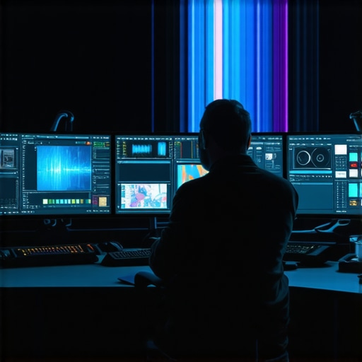 A modern digital workspace featuring multiple screens with AI editing software in use, vibrant and futuristic