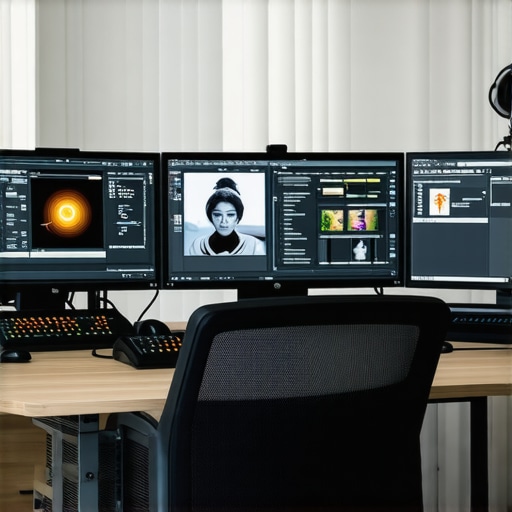 A high-tech editing setup with multiple screens displaying complex video editing processes