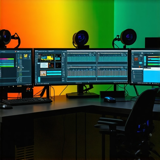 Modern editing studio with multiple monitors showing video editing software