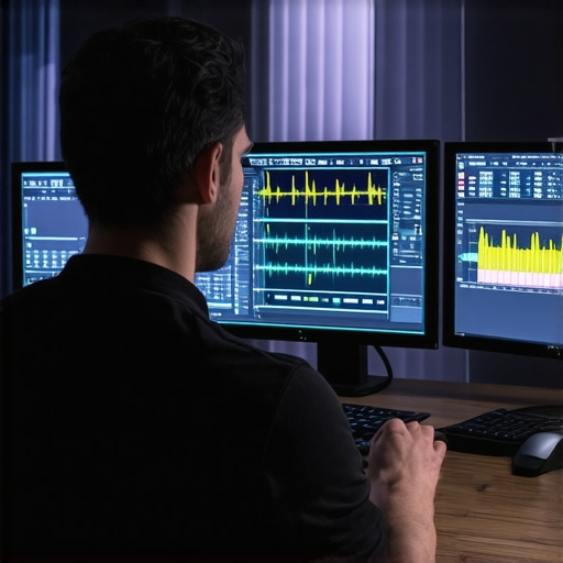 A person editing videos and photos on multiple monitors with AI features in use.