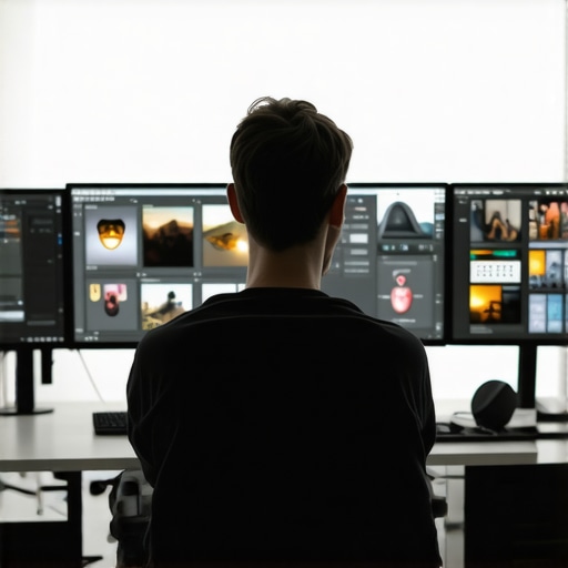 A person editing multimedia content using advanced AI-powered editing software on a high-tech workspace