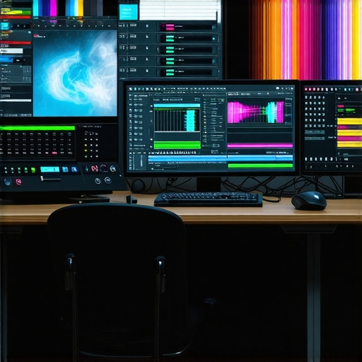 High-tech editing workspace with AI interfaces and multiple screens showing editing processes.
