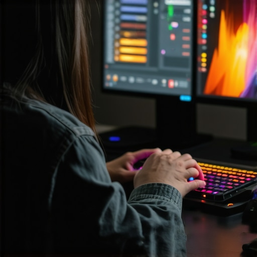 Content creator utilizing AI-enhanced editing tools with holographic displays and vibrant visual effects.