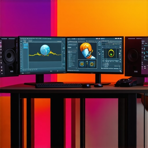 A digital workspace with screens displaying editing tools and AI interfaces, representing future of content creation.