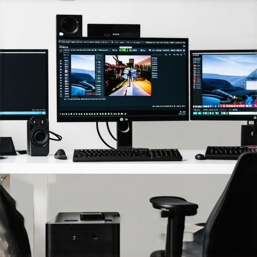 Modern workspace with screens showing video editing interfaces in 2025.