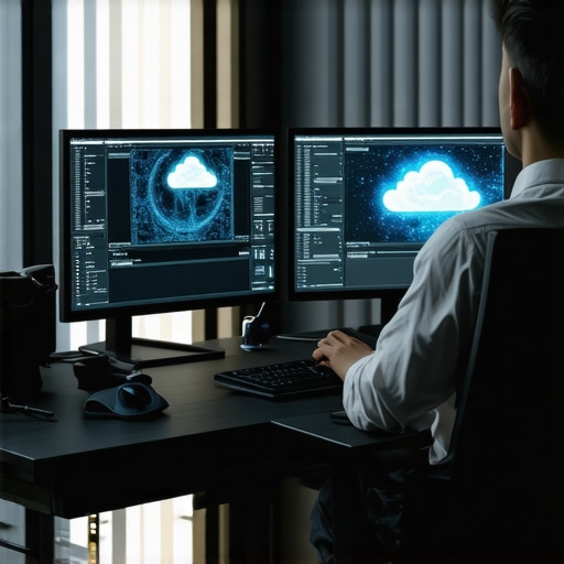 A creator using dual monitors with AI-powered editing software and cloud connectivity