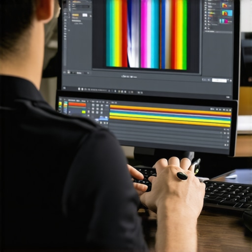 A person working on advanced AI editing software with futuristic visual effects.