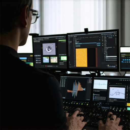 An editor using multiple monitors with editing software and AI tools for advanced post production techniques.