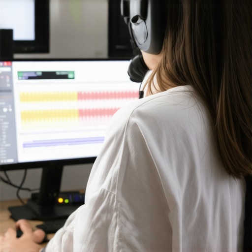 Creator working on audio editing software on a computer with visible waveforms.