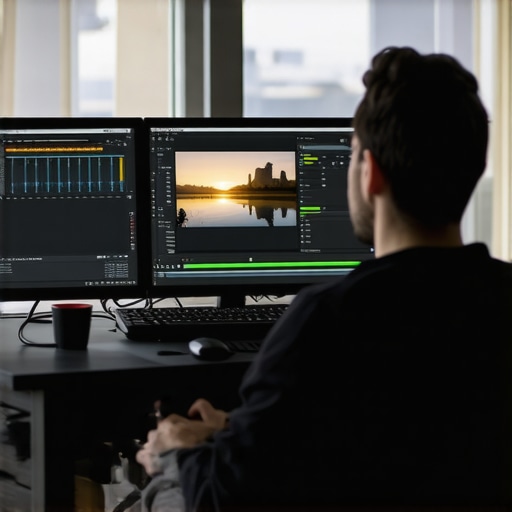 Professional video editor using advanced AI-powered editing software on a high-resolution monitor.