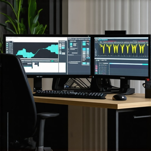 A professional editing setup with multiple screens showing editing software