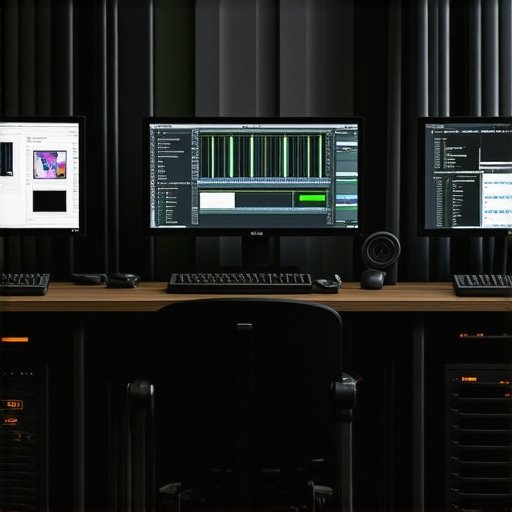 A clean and organized editing desk with powerful hardware and multiple screens for efficient post-production
