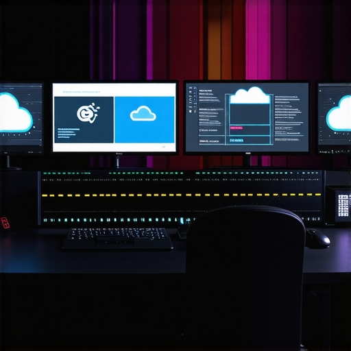 A modern editing station showing dual monitors with editing software and cloud storage icons.