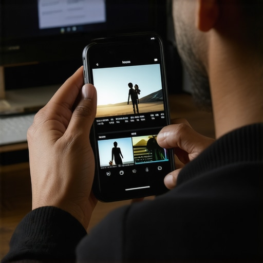 Person editing videos on a mobile device with professional editing app interface.