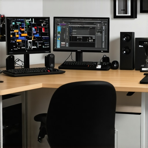 Modern video editing setup with dual monitors and organized workspace.