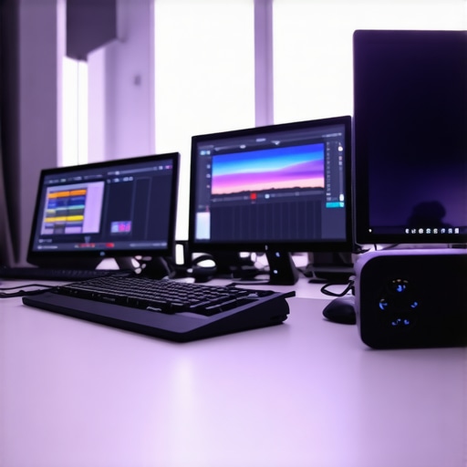 Detailed view of a professional video editing setup with multiple monitors and timelines
