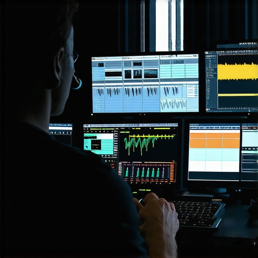 A modern workspace with multiple monitors displaying editing timelines and color correction tools.