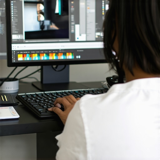 A professional video editor working on a multi-monitor setup with editing software open