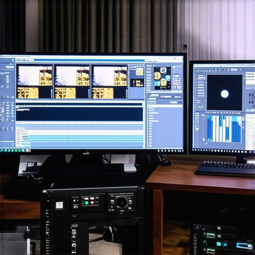 A creative professional's workspace with monitors displaying editing software and hardware being maintained.