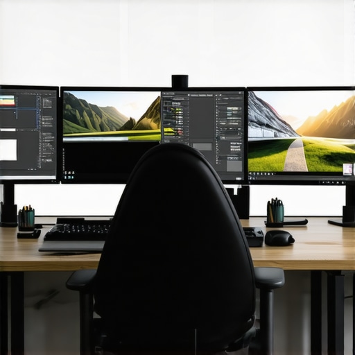 A professional editing station with dual monitors displaying editing timelines, GPU utilization graphs, and large raw footage files