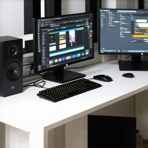 A clean, organized computer desk setup with dual monitors displaying editing software