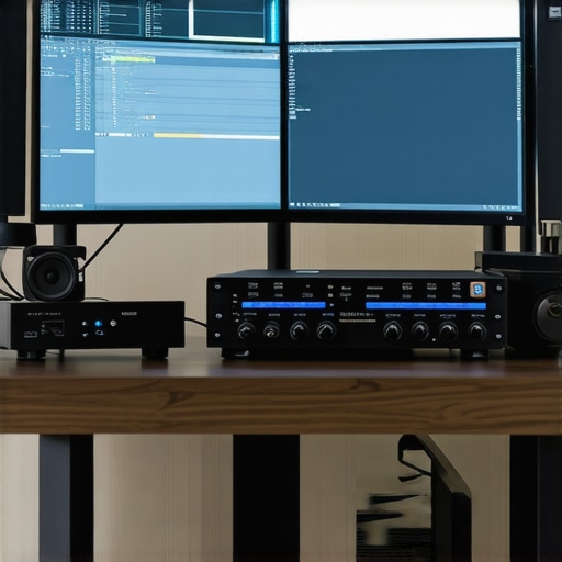 A modern editing workspace with multiple monitors, external drives, and audio equipment, showcasing a reliable post-production environment.