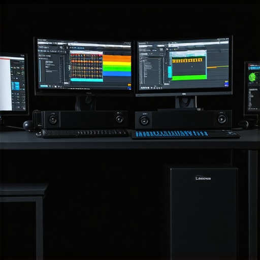 A sleek editing workstation featuring multiple monitors displaying video and photo editing tools, with external storage devices nearby.