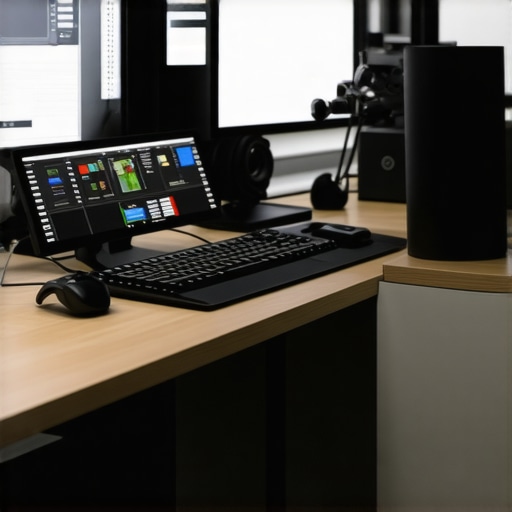 Organized workspace with computer, editing equipment, and software icons