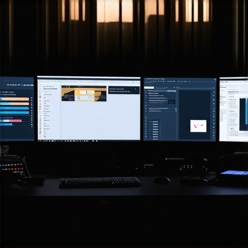A clean, organized editing workspace featuring monitors, external hard drives, and software update icons, illustrating professional maintenance for long-term workflow efficiency.