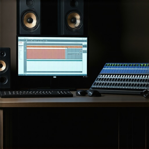 An advanced audio editing workstation with monitors, external hardware, and computer interface