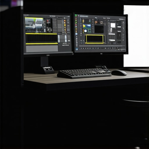 A modern professional video editing workstation with dual monitors and hardware controls.