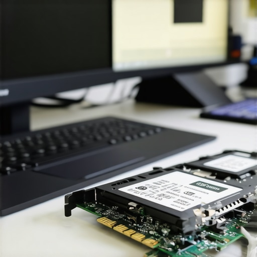 Close-up of a Samsung 970 EVO NVMe SSD and a multi-monitor professional editing station