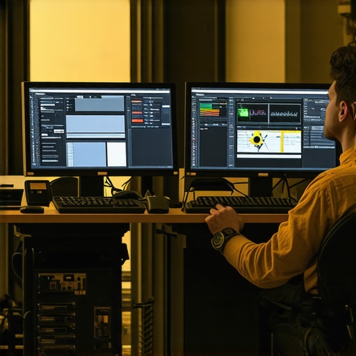 A technician performing maintenance on a professional video editing workstation with multiple screens.