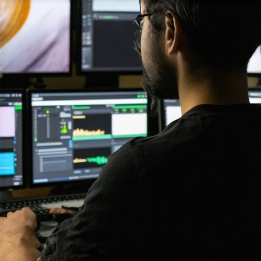 A skilled editor fine-tuning complex settings on multiple monitors for video and audio editing.