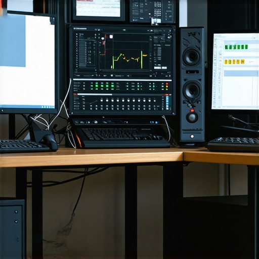 A sleek, modern editing workstation with dual monitors, external drives, and editing tools.