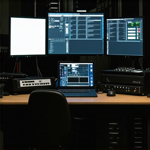 Modern editing station with dual monitors, external drives, and audio equipment for post-production.