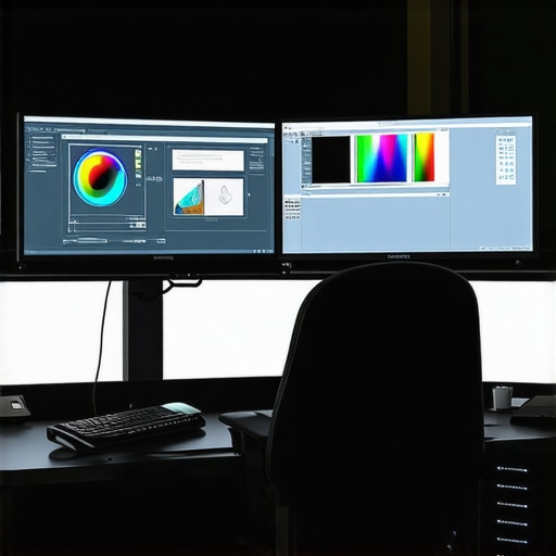 A sleek editing workstation with dual screens, color calibration tools, and NVMe SSDs for efficient workflow.