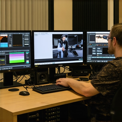 Video editor managing 32K proxies on multiple monitors with advanced hardware