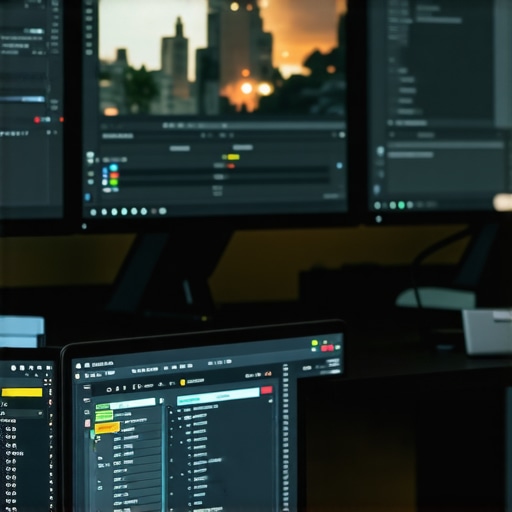 A detailed view of a dual-monitor video editing workstation with settings for proxy files and hardware acceleration.