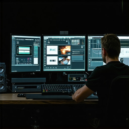 An editor working on multiple screens with advanced hardware for video editing.