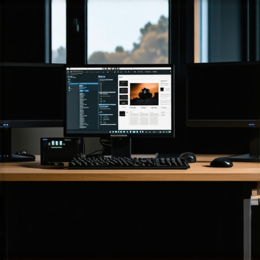 A modern professional editing workspace with high-end monitors and hardware for video post-production