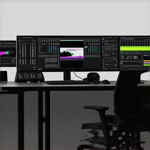 A modern workstation with dual monitors, high-performance PCs, and organized accessories.