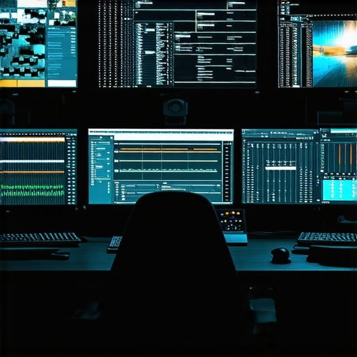 Modern video editing studio with multiple screens and hardware