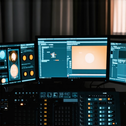 A professional editor's workstation featuring multiple monitors and control panels for detailed editing