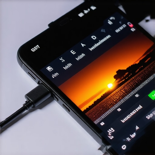 Smartphone connected to external SSD with video editing software open on screen.