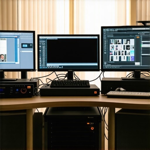 Photo of a professional editing workstation with multiple screens and hardware tools.
