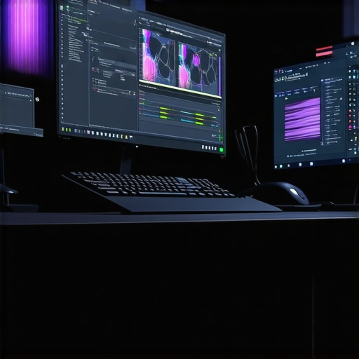 A high-end professional video editing workstation with advanced hardware and calibrated display