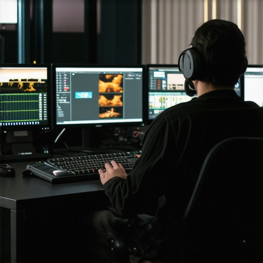 A high-tech editing station with multi-monitor setup, high-end GPU, and organized workspace.