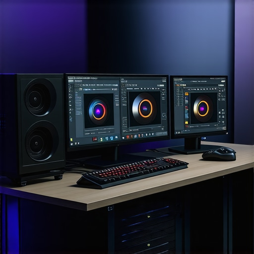 A high-end computer setup with monitors displaying rendering software and hardware components.